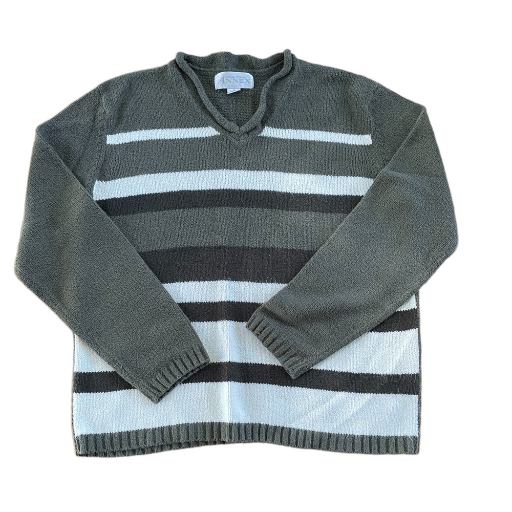 Vintage Casual Corner Annex - Green and White 100% Acrylic V-neck Sweater. Sz M